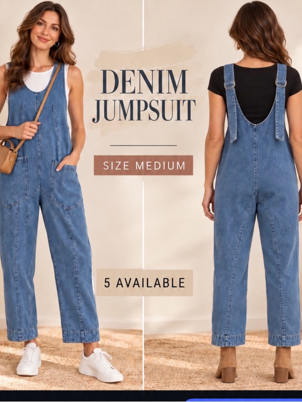 Casual Denim Overalls Jumpsuit - Medium Blue